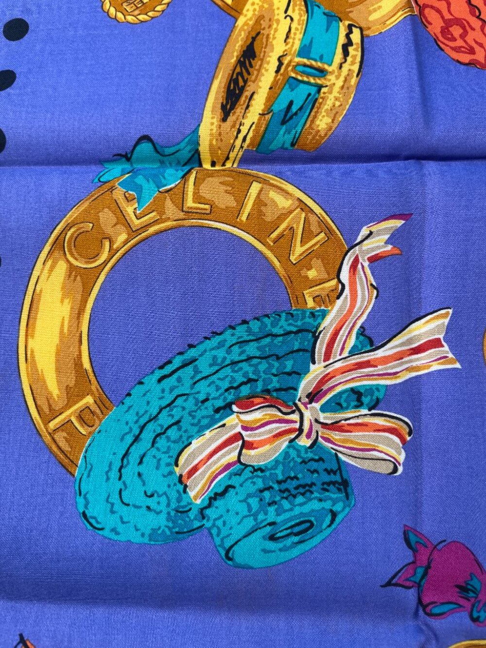 Céline Paris Cotton Scarf Colorful Hats & Rope Print 20" Square - Picture 10 of 13